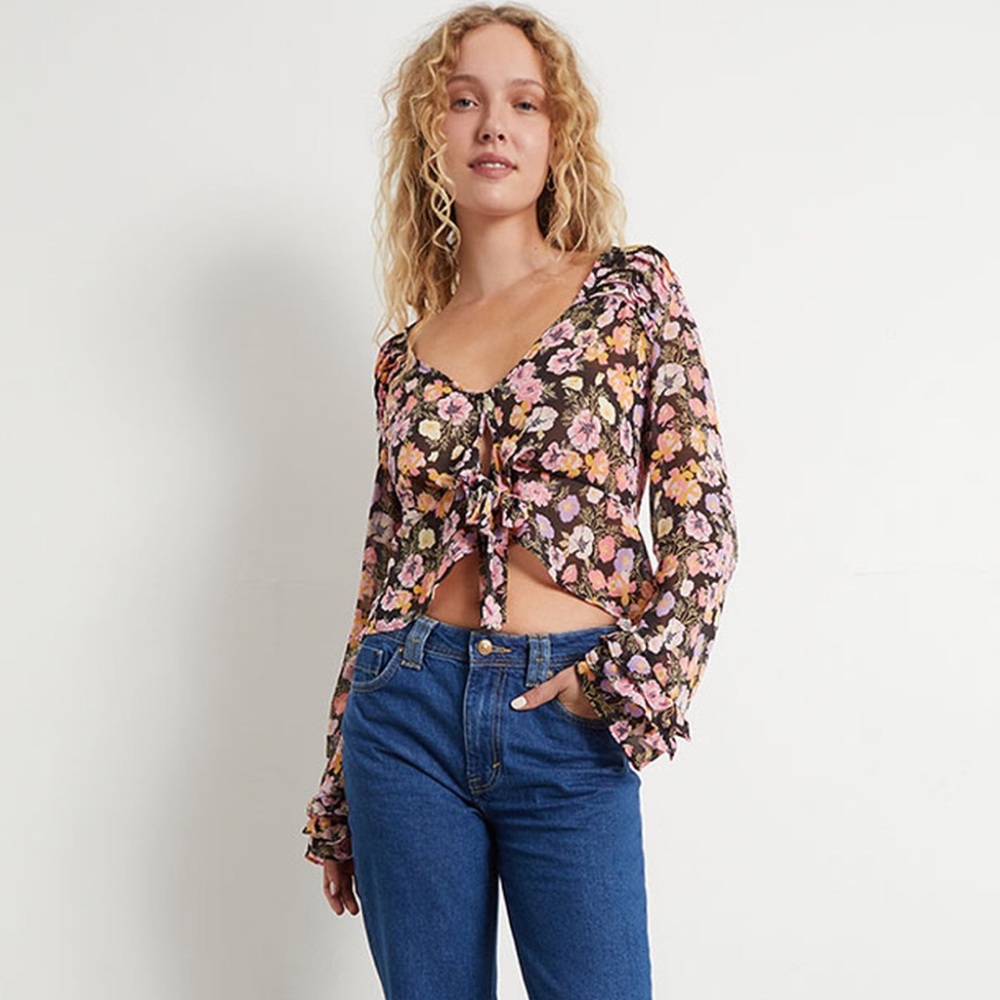 NWT Free People Maybel Floral Blouse in Black Combo size XS
